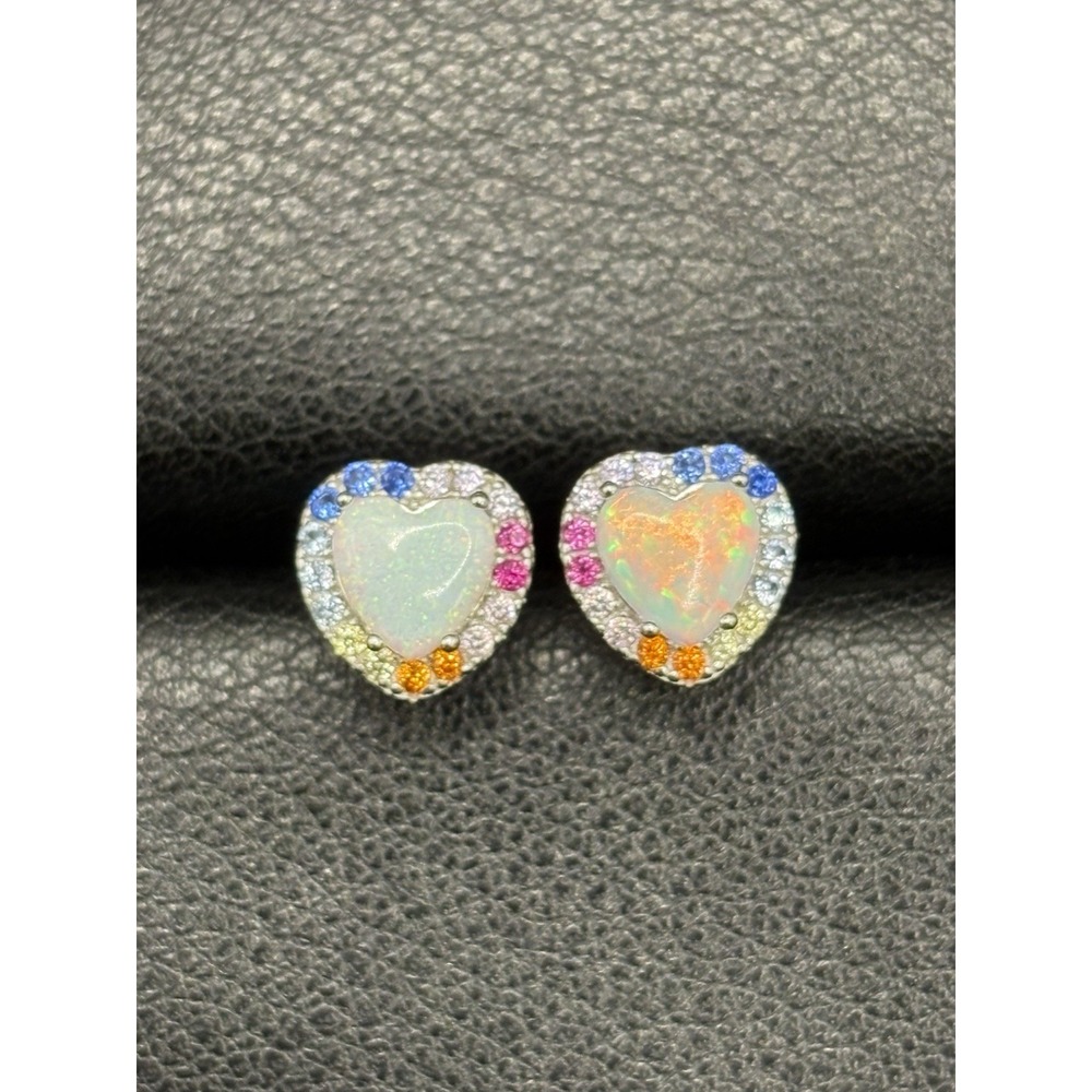 New Condition Sterling Silver Lab Opal Cubic Zirconia Heart Stud Earrings E22